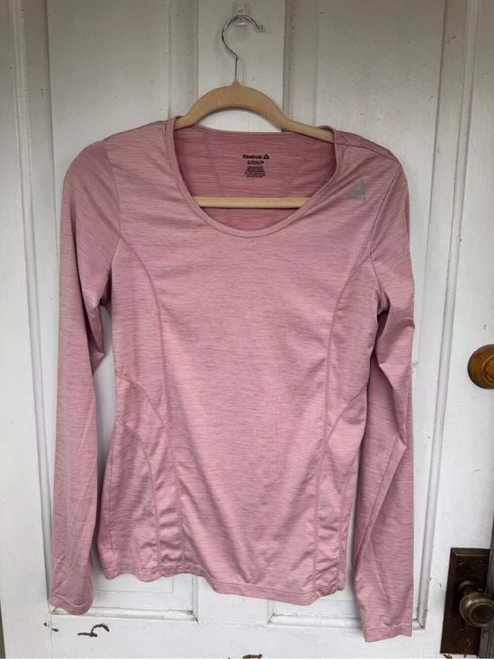 Reebok Pink Heathered Long Sleeve Athletic Top Fitted Workout Tee S